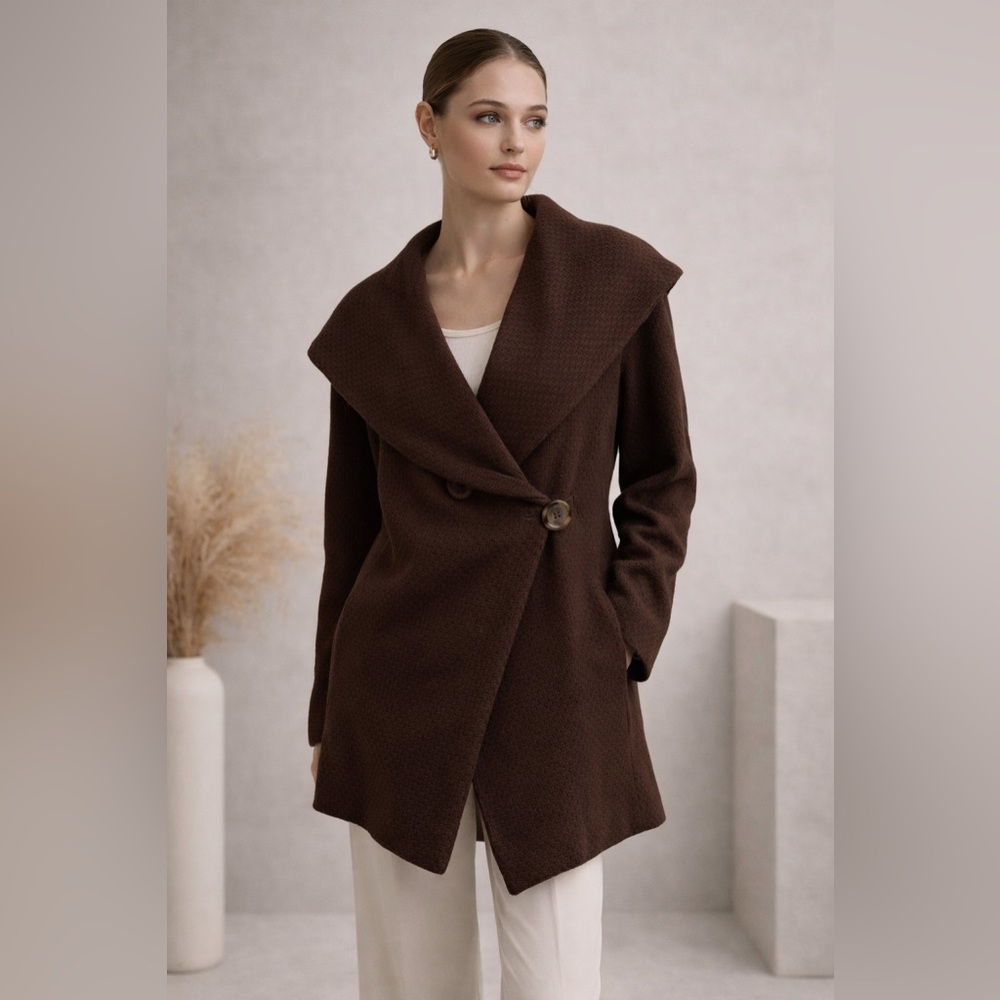 BCBGMAXAZRIA Brown Wool Shawl Collar Wrap Coat Jacket Luxury Designer Size L